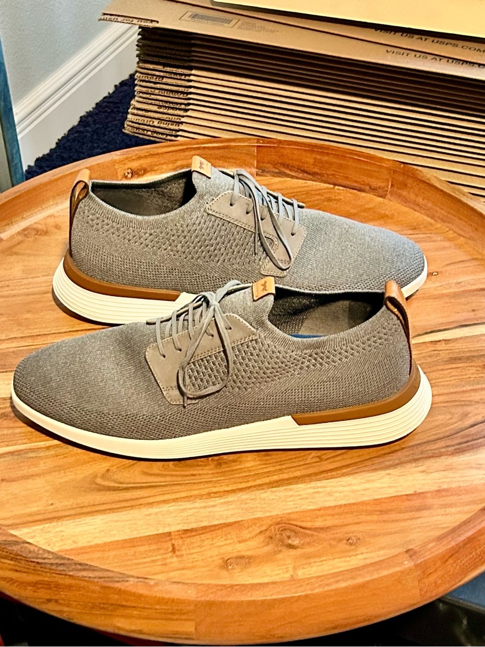 SwiftKnit Derby oxfords in gray with tan accents very gently used